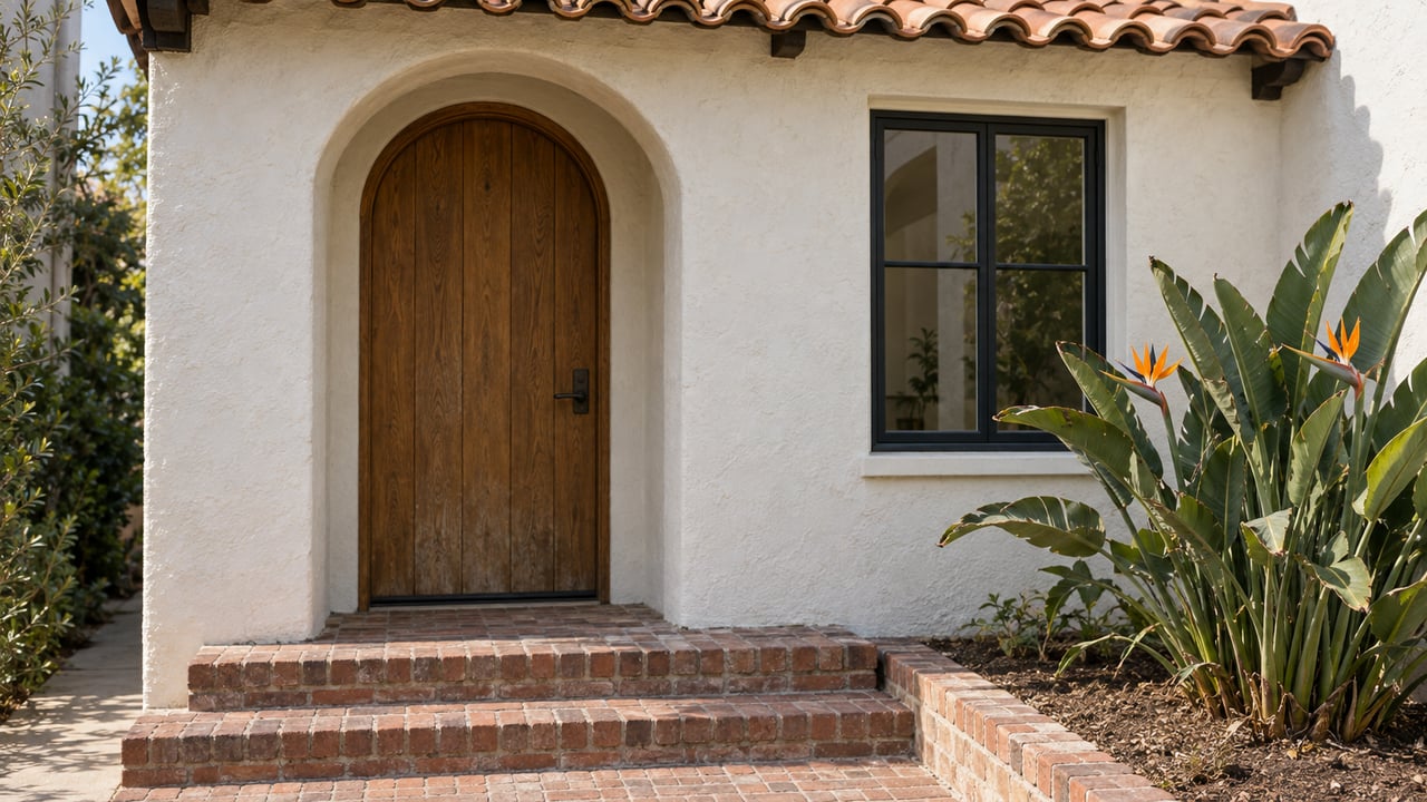 Arched oak front door in a cream stucco facade, with clay roof tiles, a black-framed window, brick steps and bird-of-paradise blooms.
