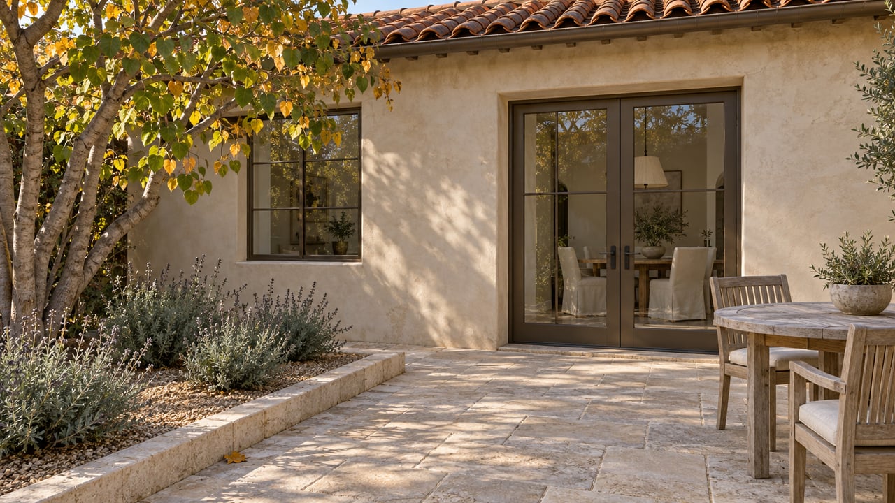 Morning light falls across a limestone courtyard beside a beige stucco home with clay roof tiles, glazed doors and a weathered teak table.