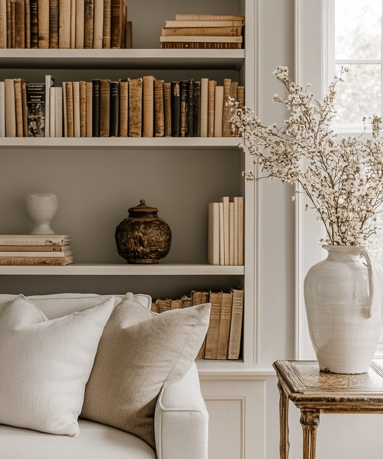Living room with a cream sofa, vintage bookshelves, and flowering branches by a bright window.