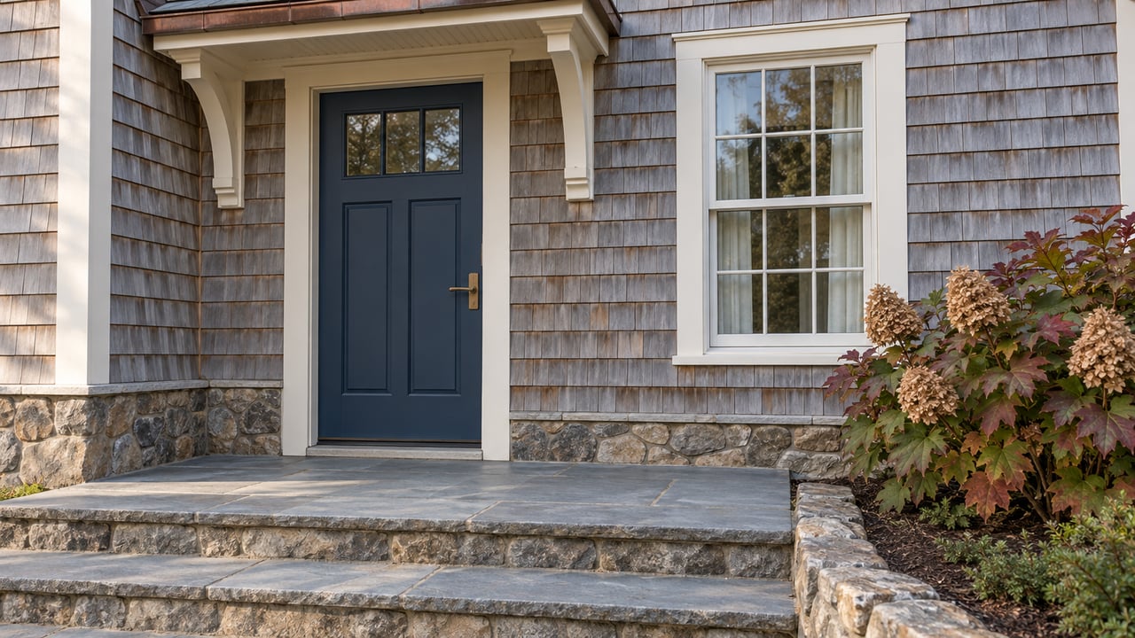 Close view of a cedar-shingled home's navy entry door, divided-light window, bluestone steps and autumn oakleaf hydrangea.