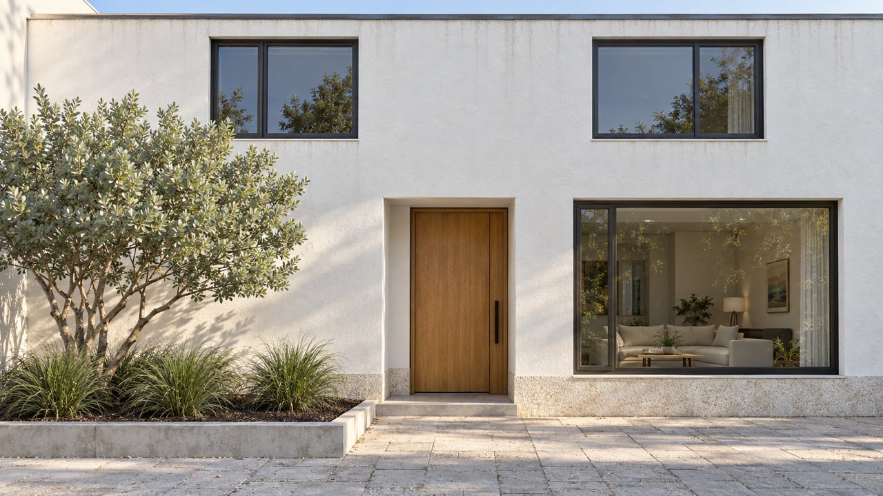 Two-story white townhouse with dark-framed windows, a recessed oak door, and grasses beside a paved approach.