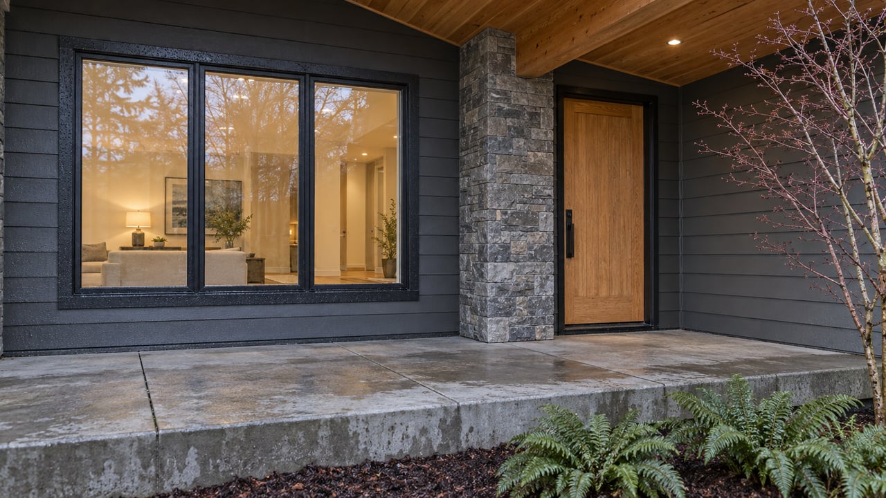 Covered home entry with timber soffit, basalt pier, warm glazed windows and a damp concrete porch beside sword ferns and a bare vine maple.