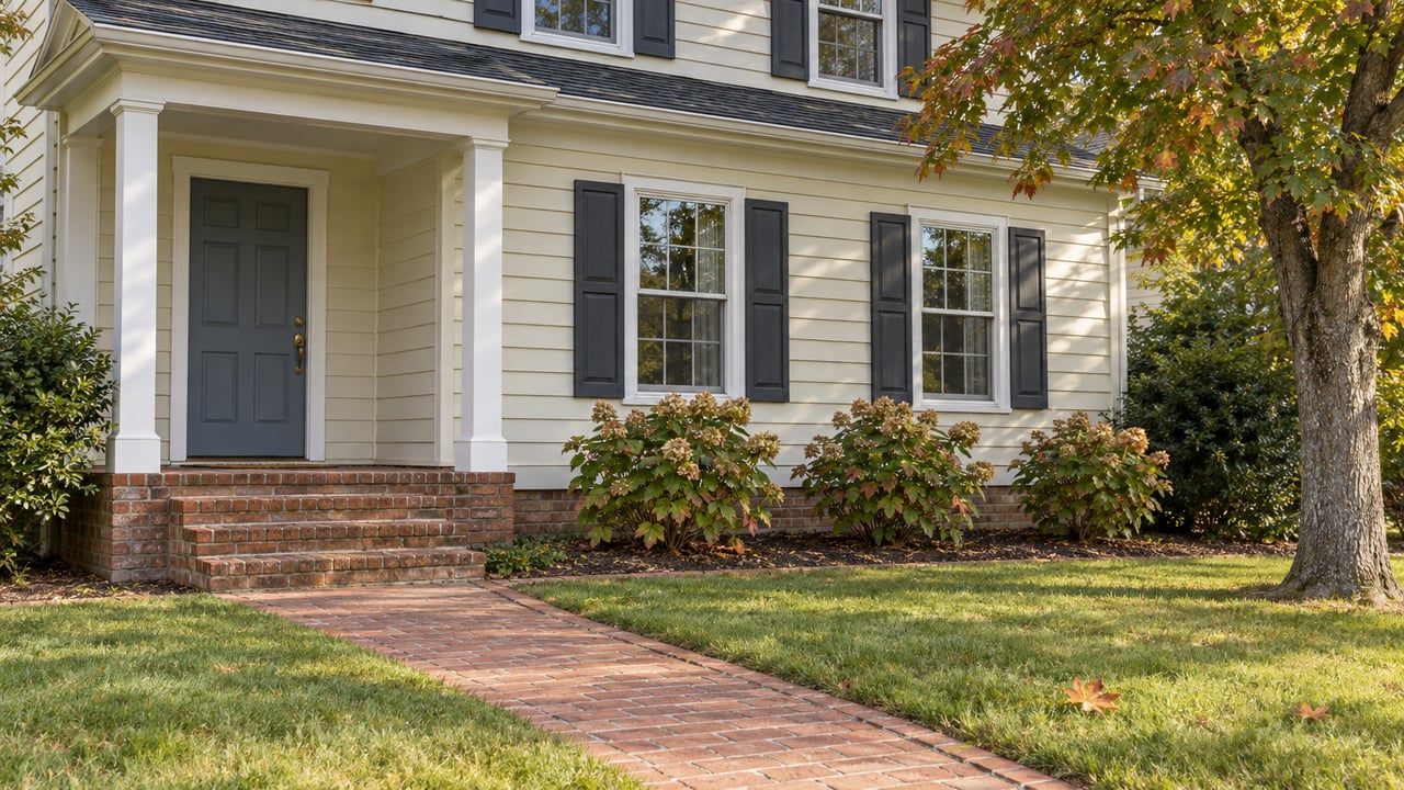 Ivory clapboard home with charcoal shutters, a covered brick entry, and a brick approach through a mature autumn garden.