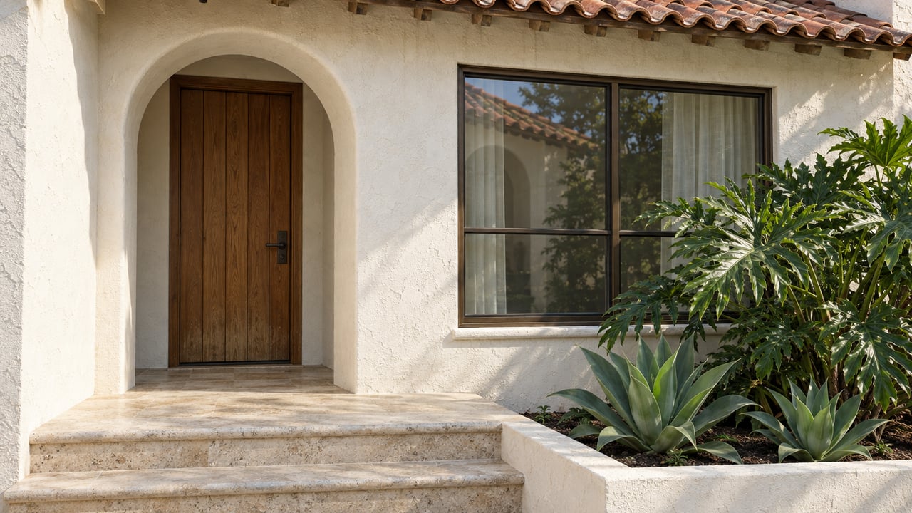 Cream stucco home with a clay-tile eave, recessed arched oak entry, bronze-framed window and limestone steps beside sculptural planting.
