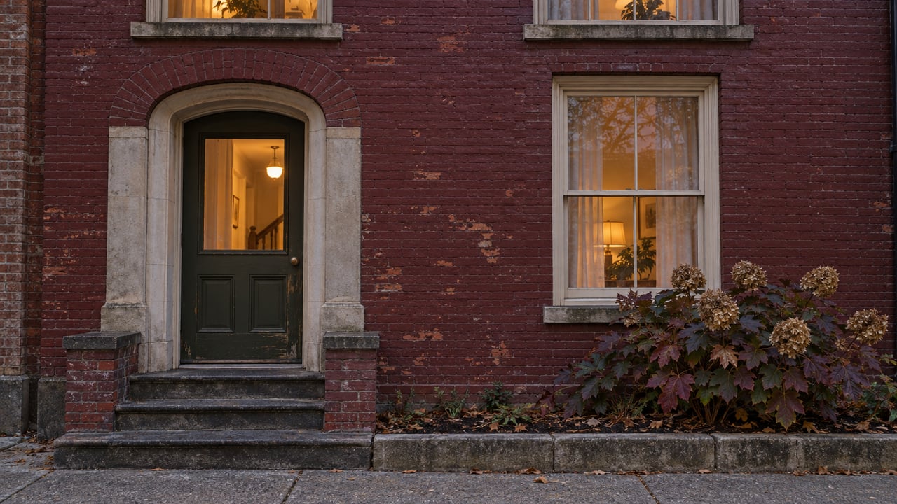 Weathered painted-brick home with an arched olive door, warm sash windows, stone steps and autumn oakleaf hydrangea.