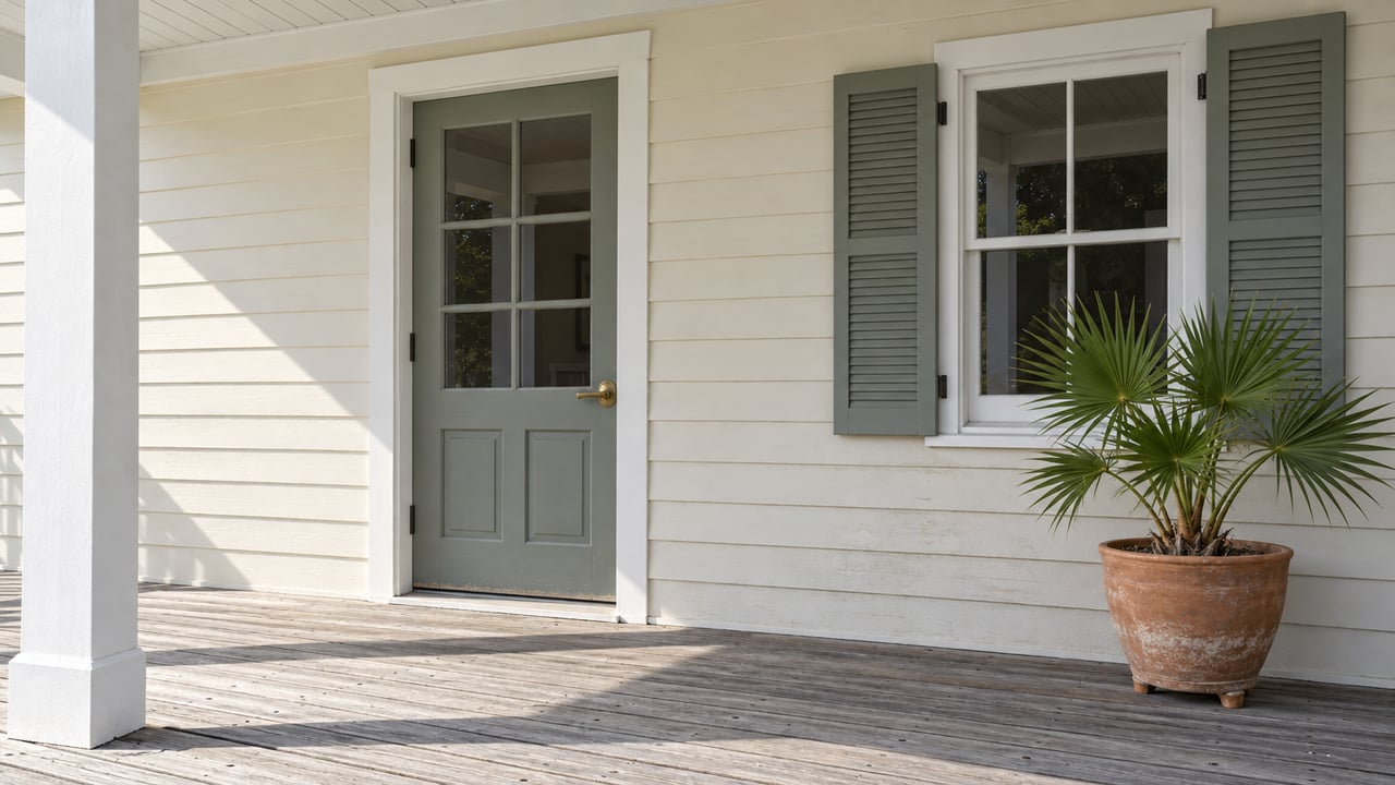 Cream clapboard entry on a raised veranda, with a gray-green glazed door, shuttered window, weathered timber decking and one potted dwarf palmetto.