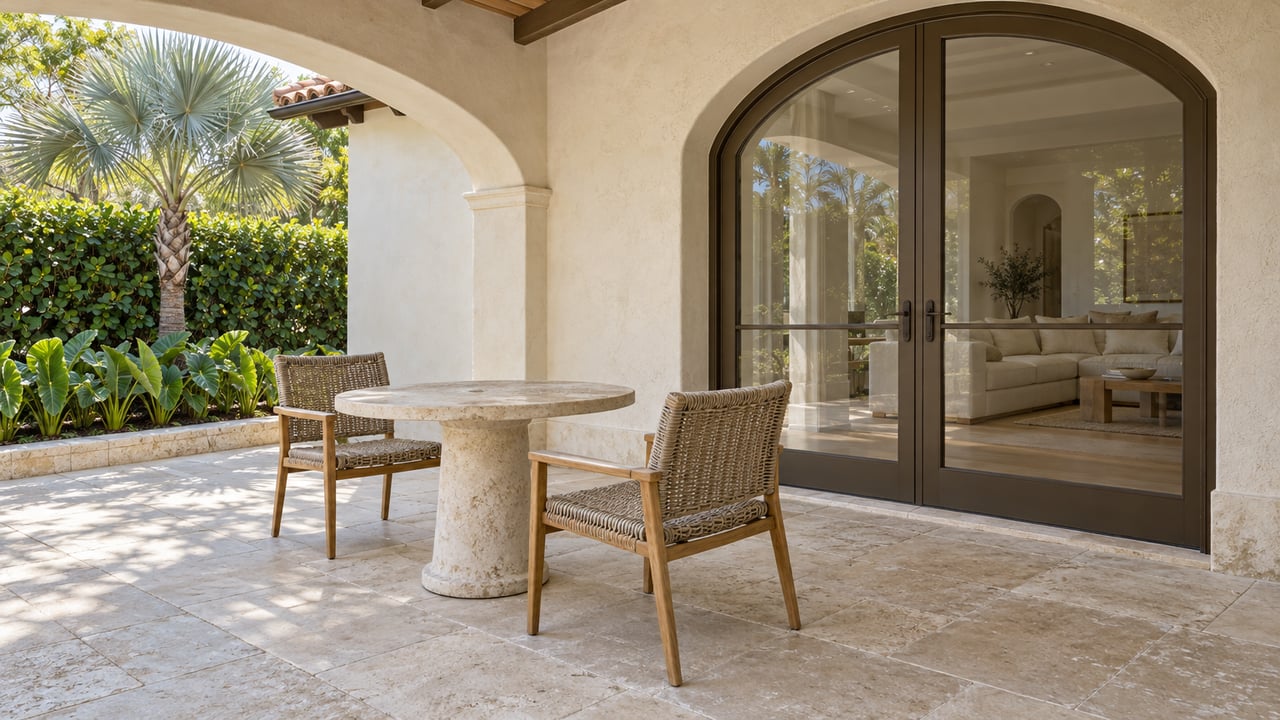Ivory stucco terrace with arched bronze-framed glass doors, limestone paving, woven teak chairs and a silver fan palm garden.