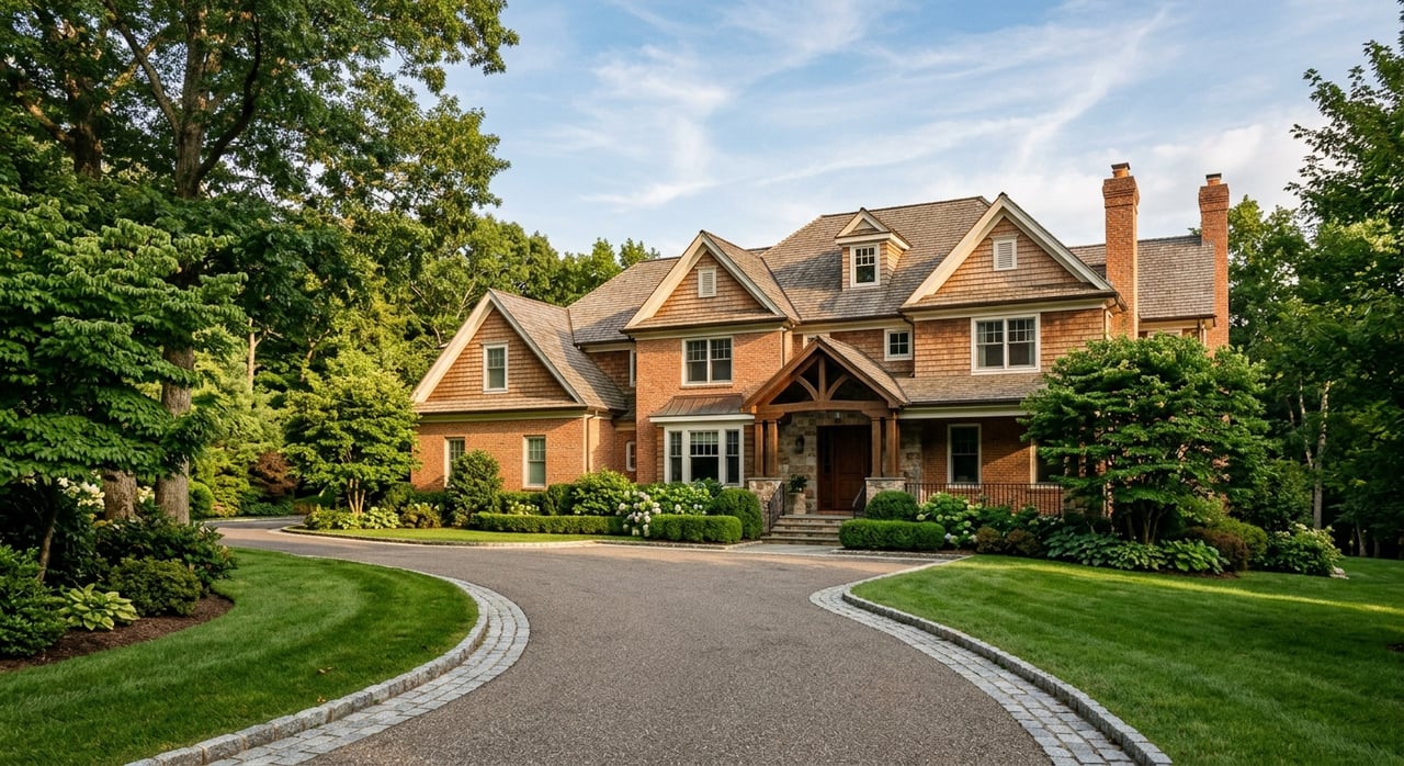 Blue-gray shingled estate home with white porch, curved gravel driveway, and mature trees.