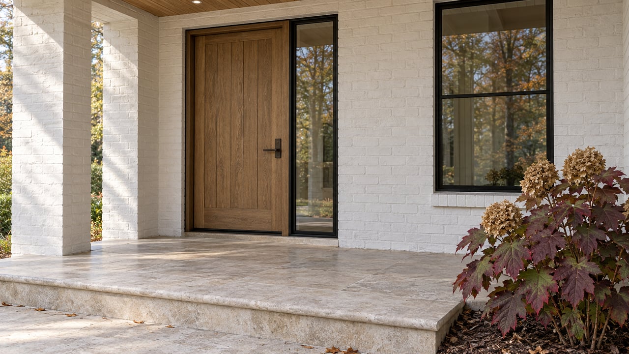 Covered entry with an oak door, black-framed glazing, white painted brick, limestone steps, and burgundy oakleaf hydrangea.