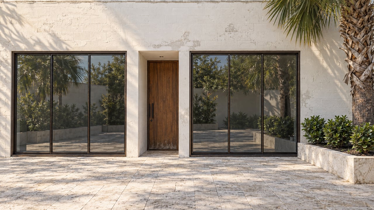 One-story cream commercial building with two glazed bays, a timber doorway, and a palm beside pale paving.