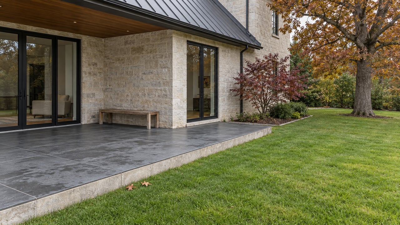 Autumn lawn beside a pale stone home's covered charcoal-tiled terrace, with black-framed glass doors and a russet-leaved oak.