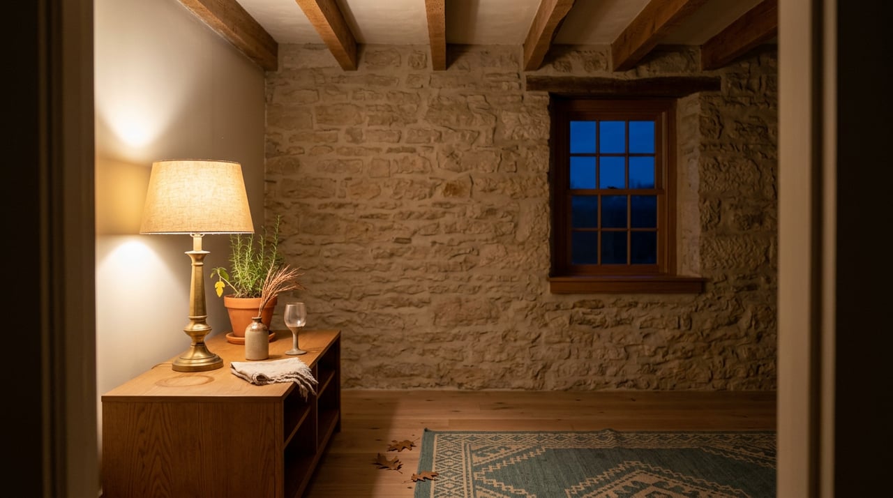 Brass lamp on an oak console beside rosemary, against a limestone wall with a small dusk-lit window.
