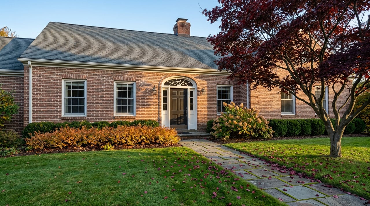 Brick suburban house with an arched entry, stone walkway, and deep red Japanese maple in autumn.