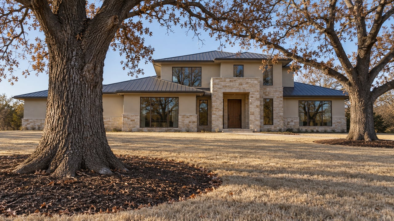 Mature oak trees frame a stucco and stone home beyond a broad dormant lawn in clear autumn light.