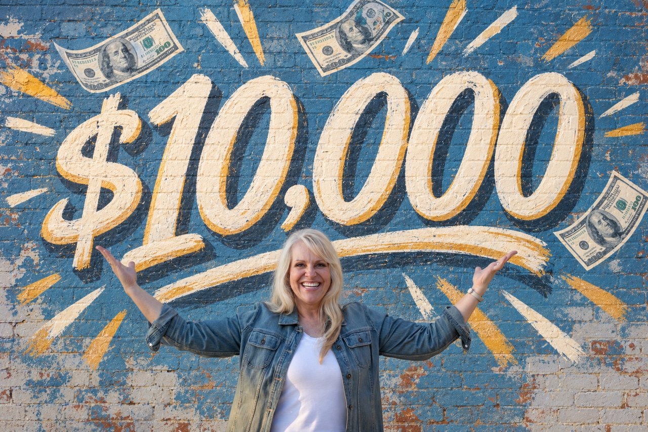 Sharla Ellis standing in front of a $10,000 mural for a blog about how homebuyers can strategically use money in a home purchase.
