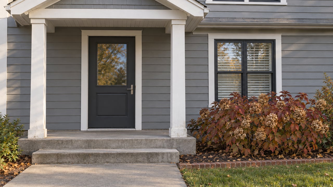 Gray clapboard home with a white-trimmed porch, charcoal entry door, concrete steps, and copper-red oakleaf hydrangea.