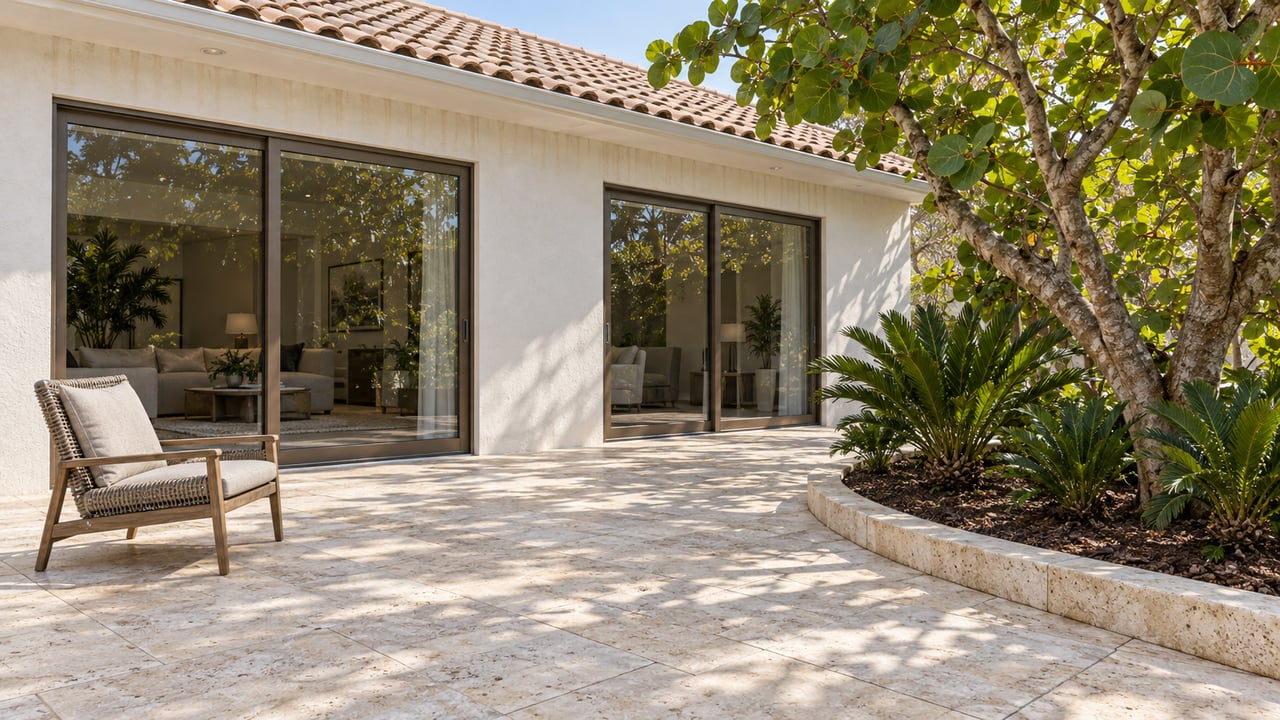 Sunlit limestone terrace beside a white stucco home, with bronze-framed glass doors, a woven lounge chair and a curved bed of sea grape and coontie.