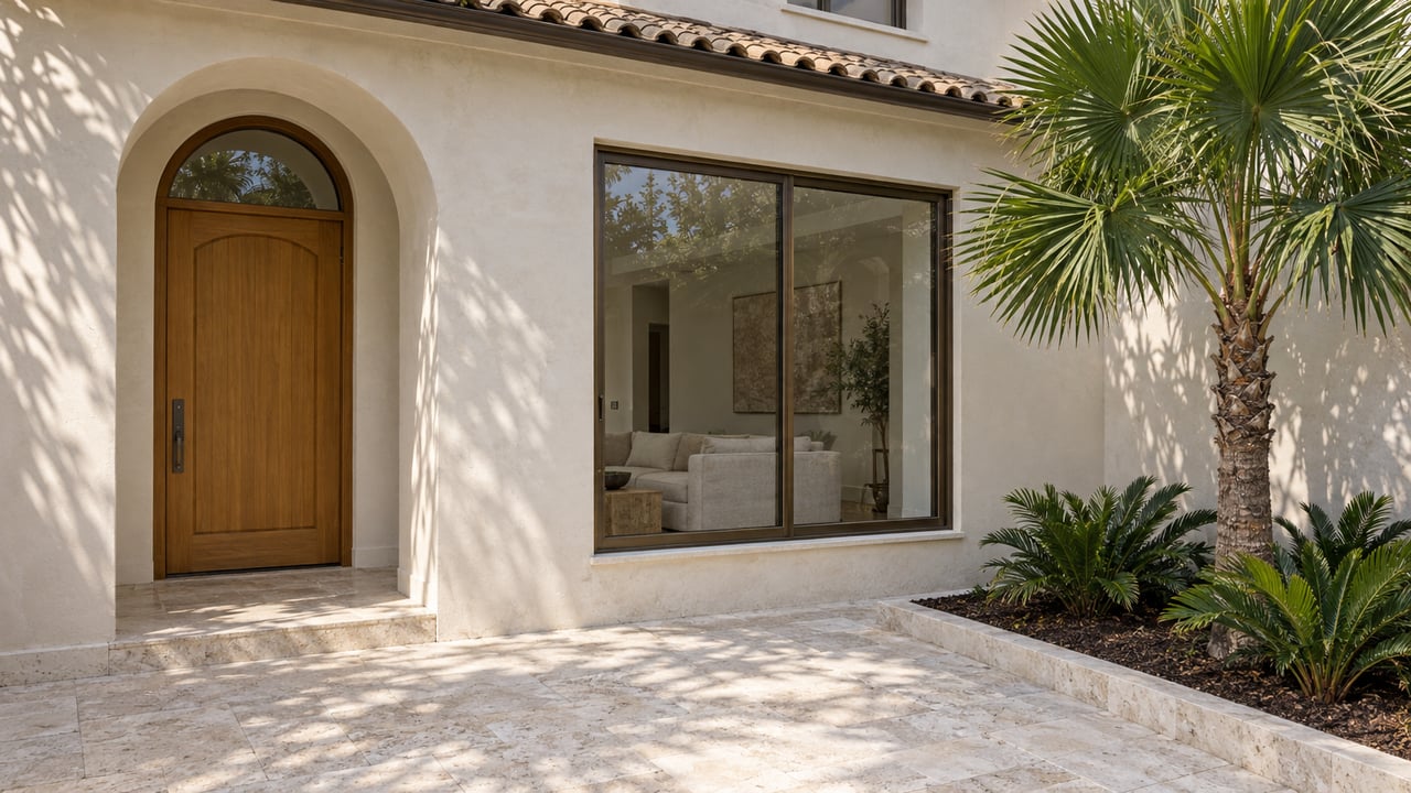 Pale stucco residence with an arched timber entry, bronze-framed window, shell limestone terrace and a sculptural fan palm.