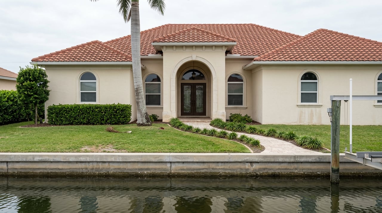 Cream stucco canal-front home with a red tile roof, arched entry, palm tree, lawn, and dock piling.
