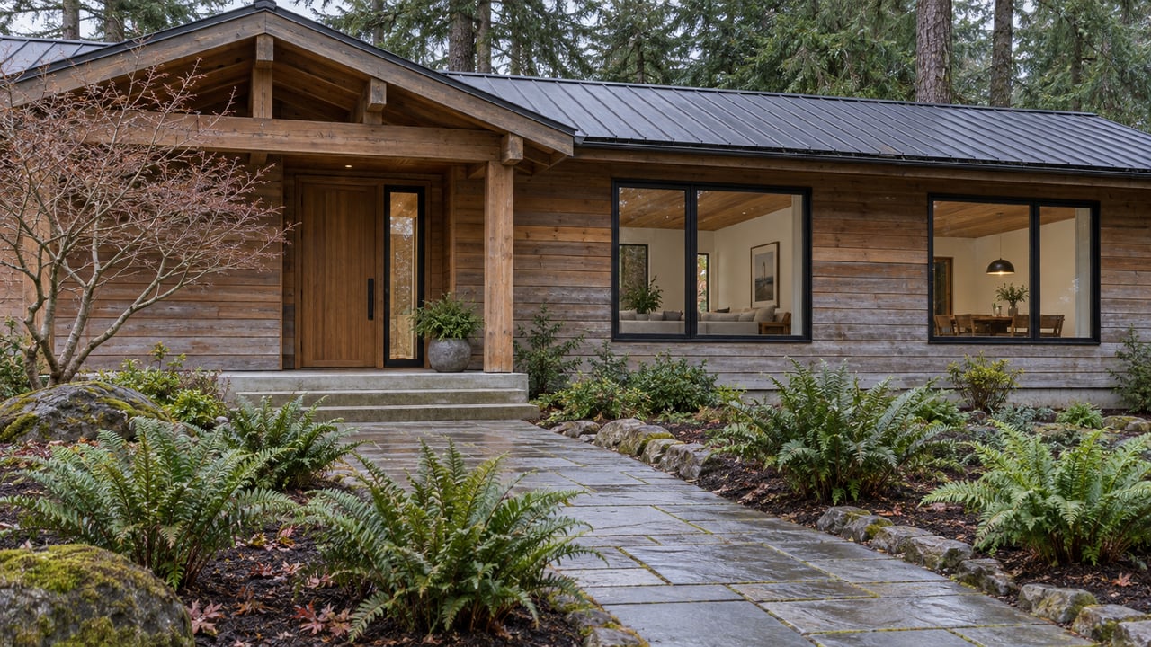 Cedar-clad house with a sheltered timber entry, black-framed windows and a damp stone approach bordered by sword ferns and a bare Japanese maple.