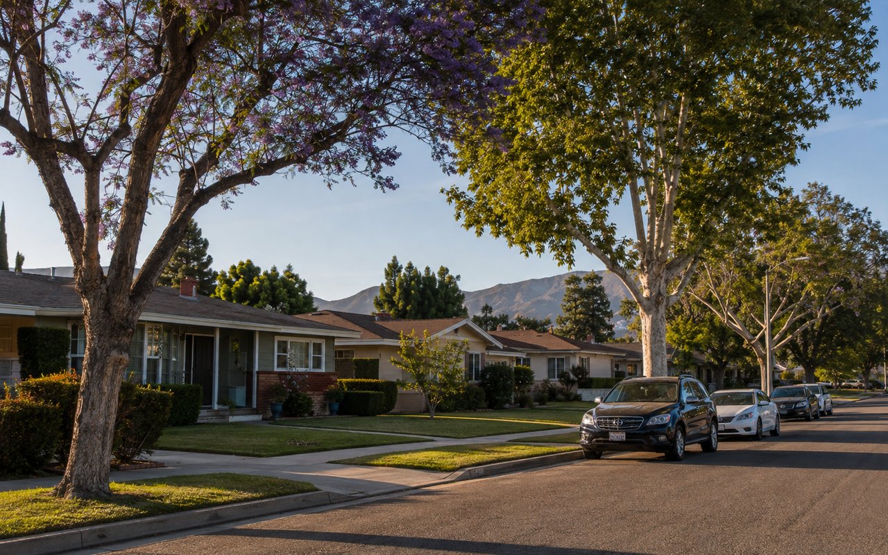 Tree-lined residential street of single-story mid-century ranch homes in Canoga Park, CA
