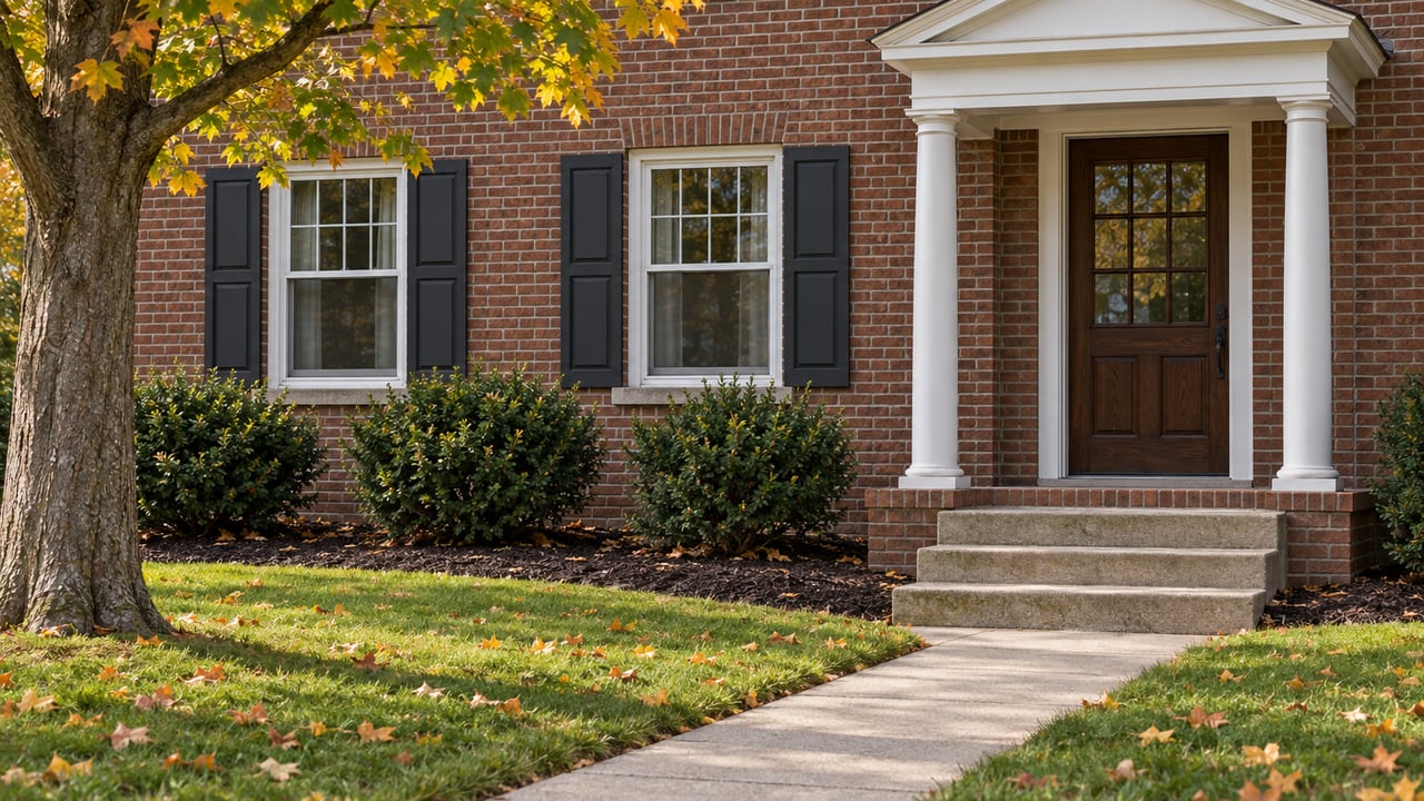 Red-brown brick home with a white columned portico, dark wood door, divided-light windows and an autumn lawn.