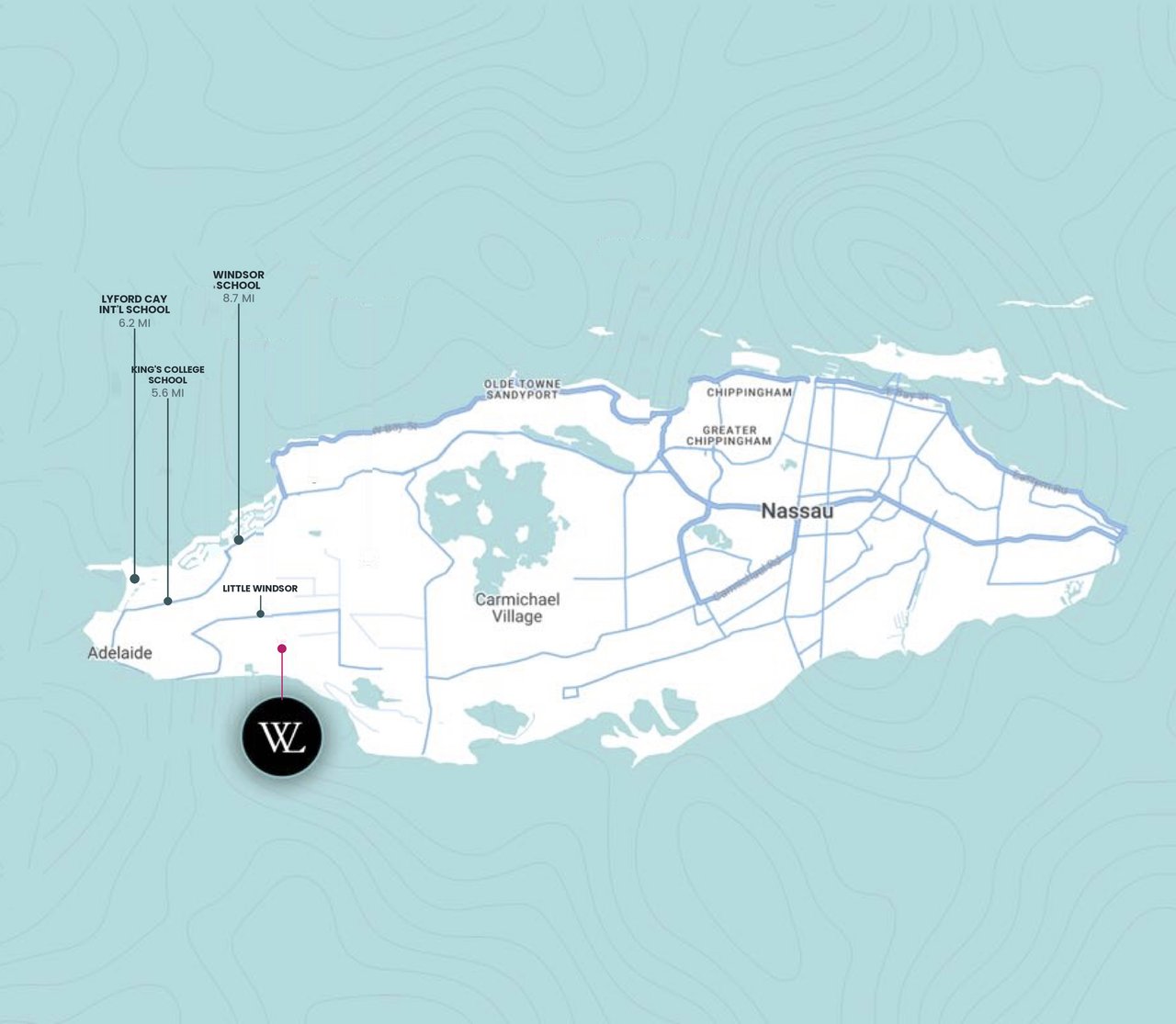 Map of New Providence showing Nassau, nearby schools, and the Windsor Lakes marker near Little Windsor.