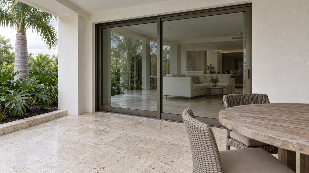 Covered limestone terrace with a weathered teak table, woven chairs and closed bronze-framed glass doors beside a mature palm.