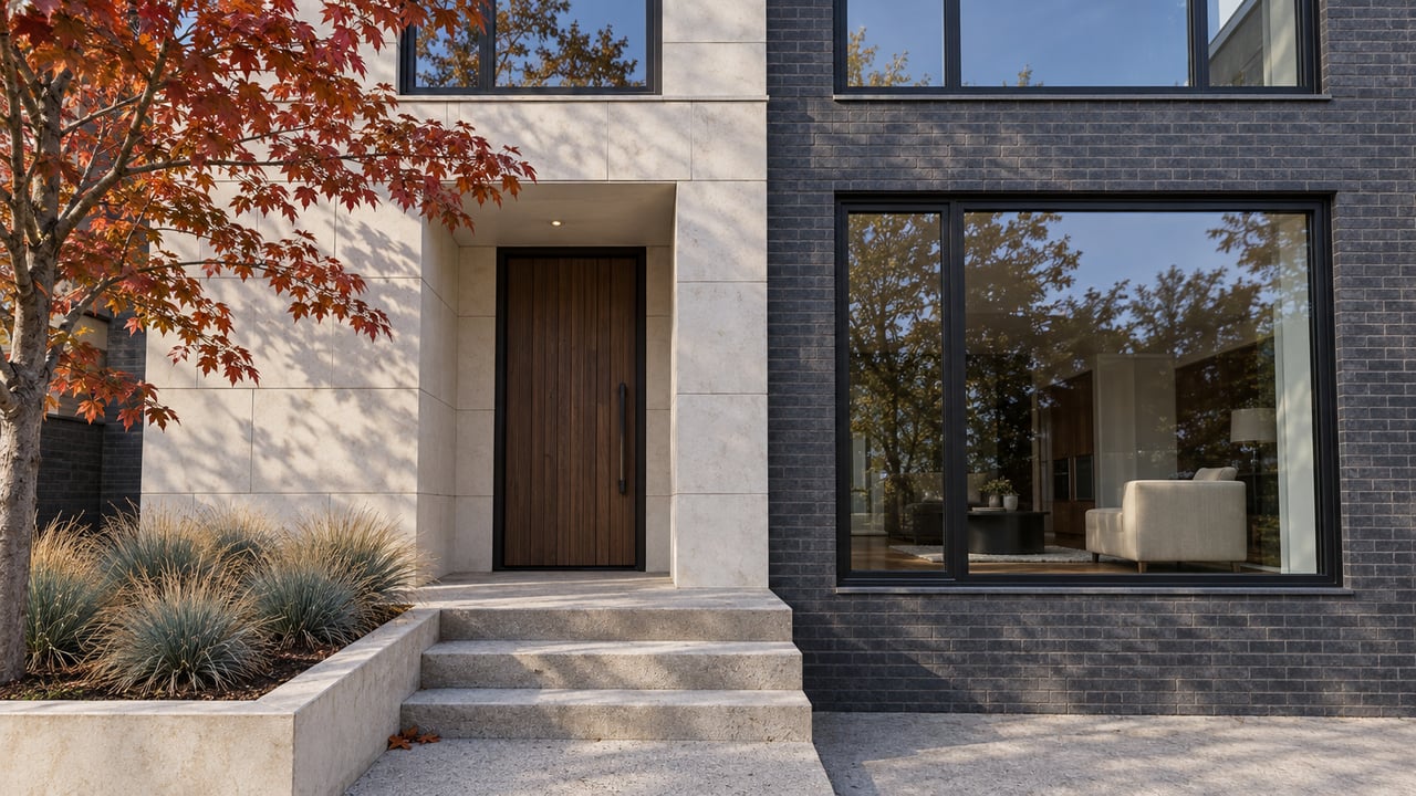 Contemporary limestone and charcoal-brick residence with a recessed wood entrance, black-framed windows and an autumn maple beside the approach.