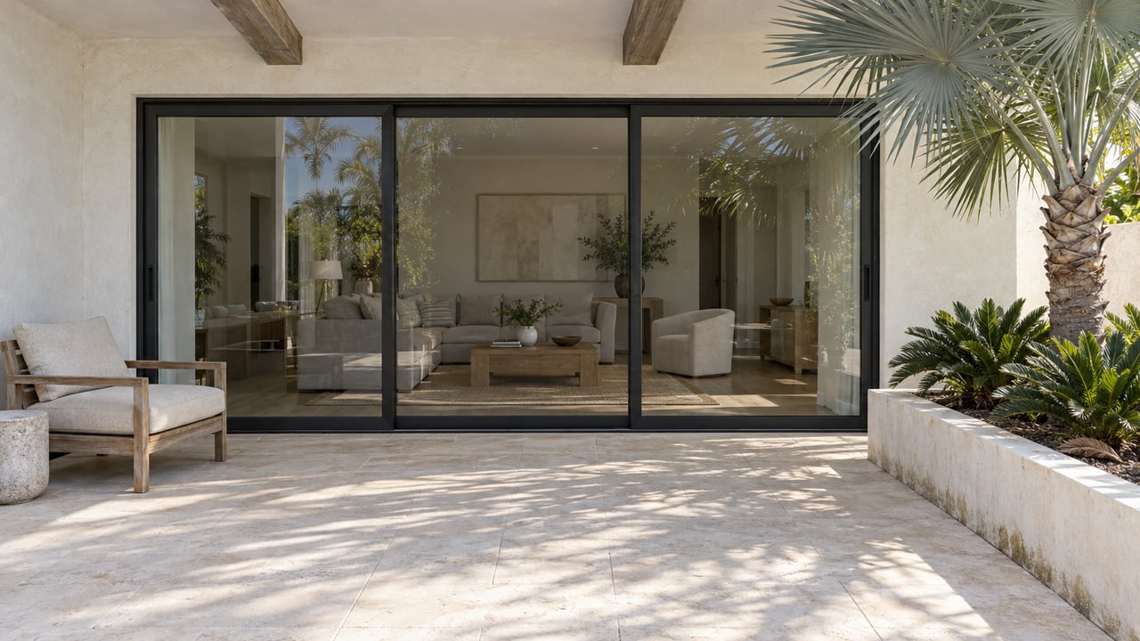 Sunlit limestone terrace outside a pale stucco home, with black-framed glass, a teak lounge chair and a silver fan palm.