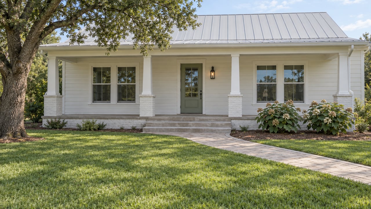 White single-story home with a metal gable roof, covered front porch and paver approach across a broad green lawn.