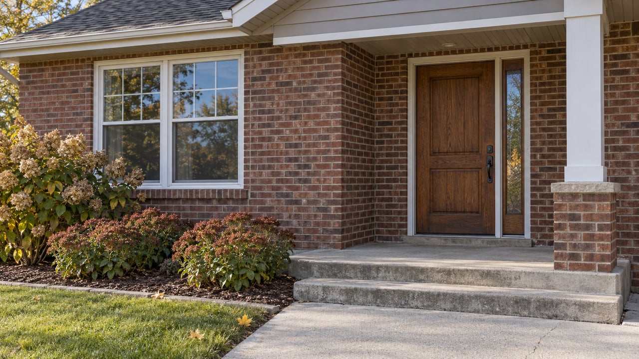 Autumn morning light across a brick home's oak front door, white-framed window and concrete porch steps beside dried hydrangea flowers.