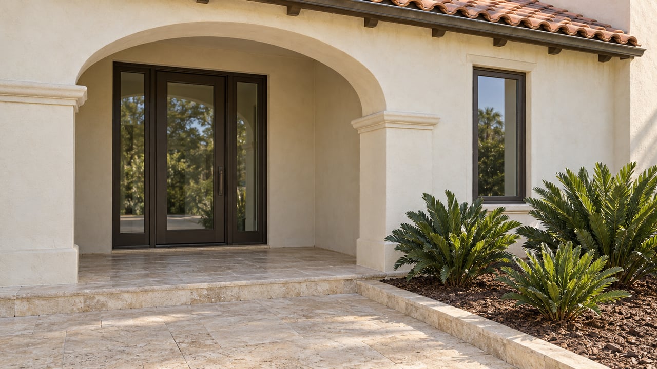 Cream stucco arched entrance with terracotta roof tiles, bronze-framed glazing, warm limestone paving, and three coontie plants.