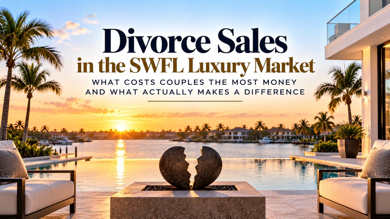 Luxury Southwest Florida waterfront home at sunset featuring an infinity pool, tropical palm trees, and a broken sculpture symbolizing divorce, illustrating the financial impact of selling a luxury home during divorce and the importance of property maintenance, professional staging, and strategic marketing to maximize sale proceeds in Naples, Fort Myers, and Bonita Springs.