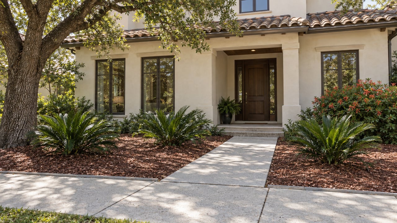 Detached stucco house with a recessed wood entry, concrete approach, mulched garden, and oak tree.