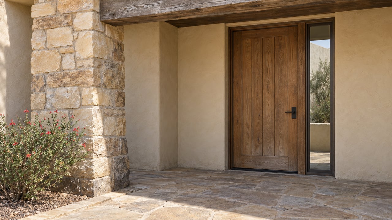 Sunlit sandstone and weathered timber frame a recessed oak entry door, with stone paving and one flowering sage shrub.