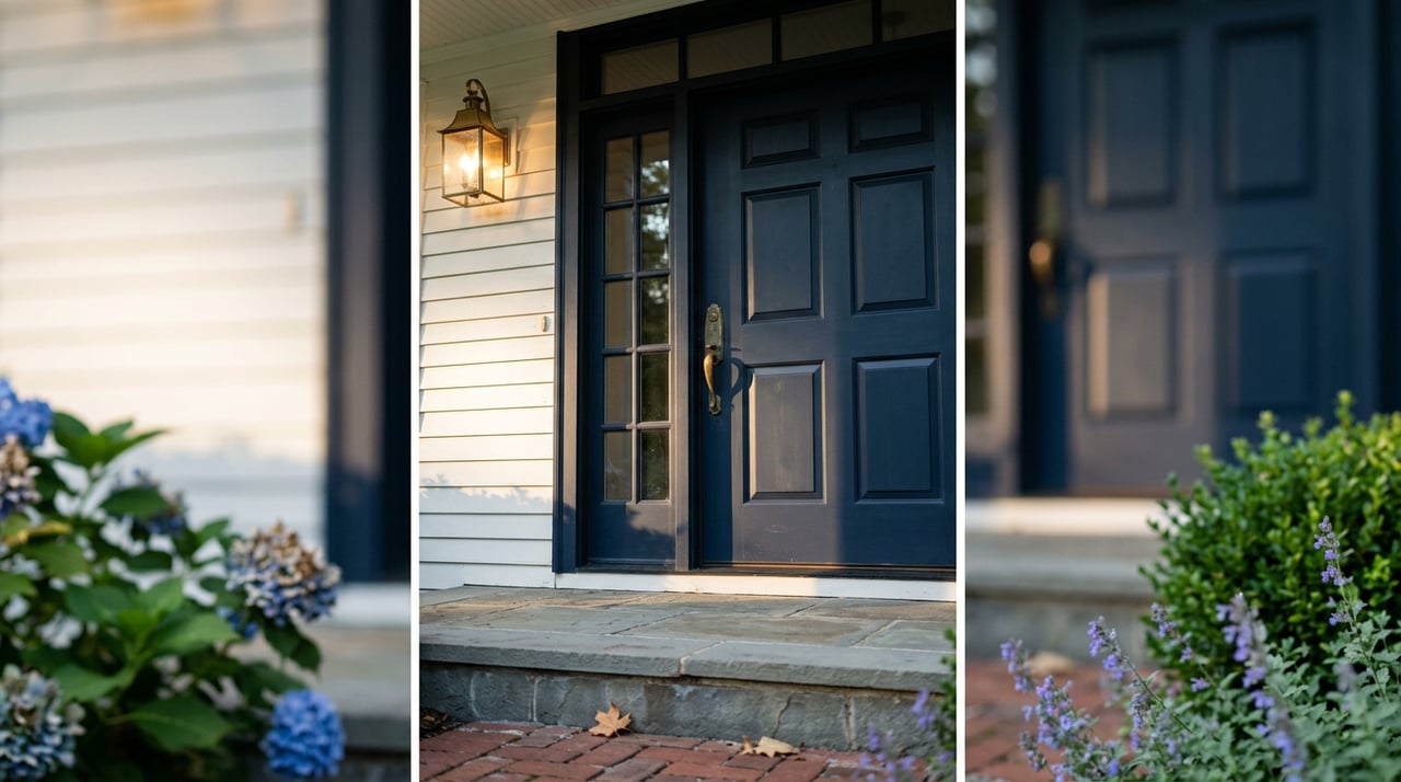 Navy paneled entry door with a brass lever, lit lantern, narrow sidelight, and blue hydrangeas.