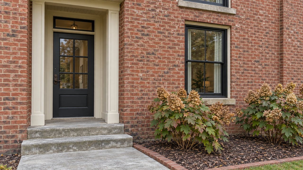 Brick townhome entrance with cream trim, dark glazed door, black-framed windows and oakleaf hydrangeas beside a short concrete approach.