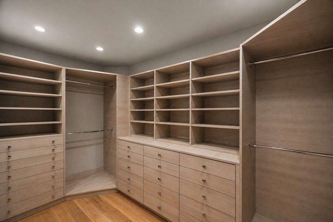 Walk-in closet with light wood built-in shelving, drawers, and hanging rods.