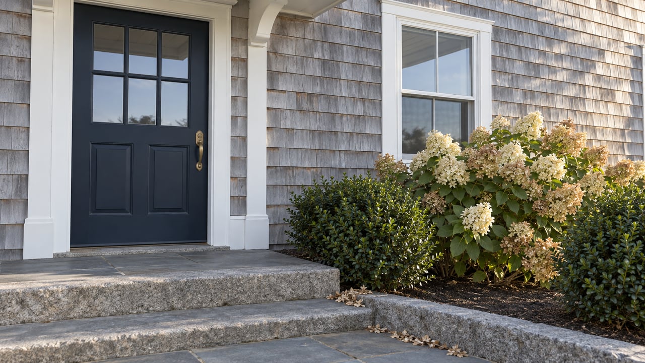 Coastal shingle home with a dark six-light door, granite steps, and buff hydrangea blooms beside the landing.