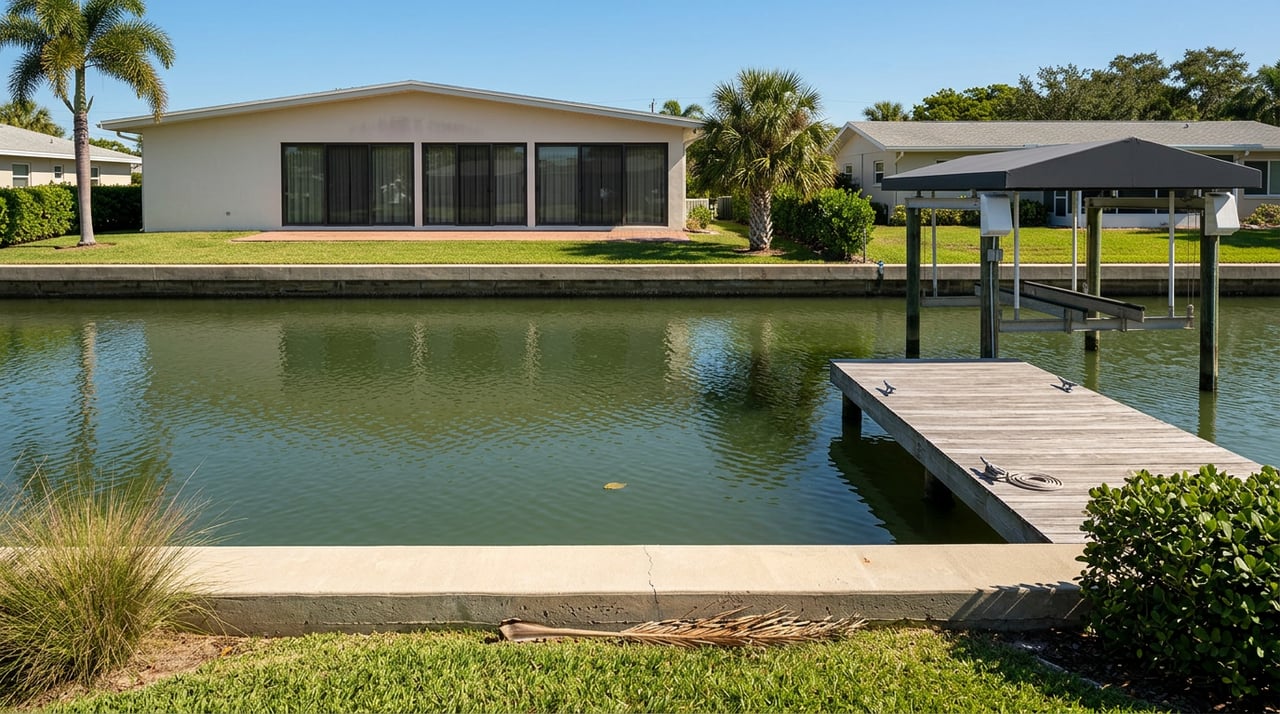 Canal-front home, wooden dock with covered boat lift, and a neighboring house across the water.