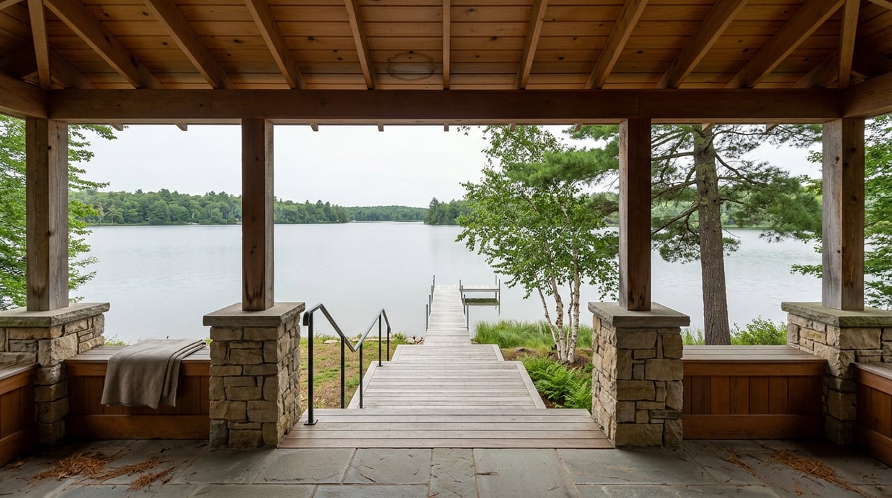 Stone-piered lakeside porch overlooks stepped cedar decks, a dock, calm water, and a pine-lined far shore.