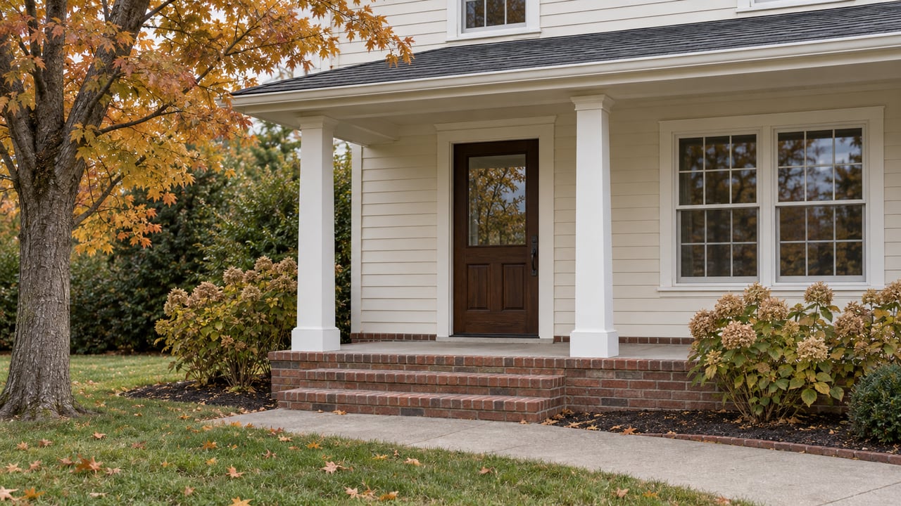 Cream clapboard home with a sheltered oak entry, brick steps and golden autumn maple foliage.