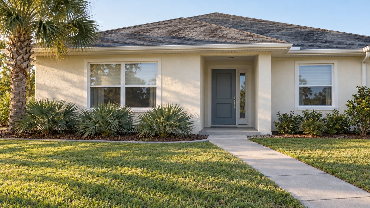 Ivory stucco single-story home with a gray hipped roof, a deep front lawn, a curved concrete approach and carefully placed palms in afternoon light.