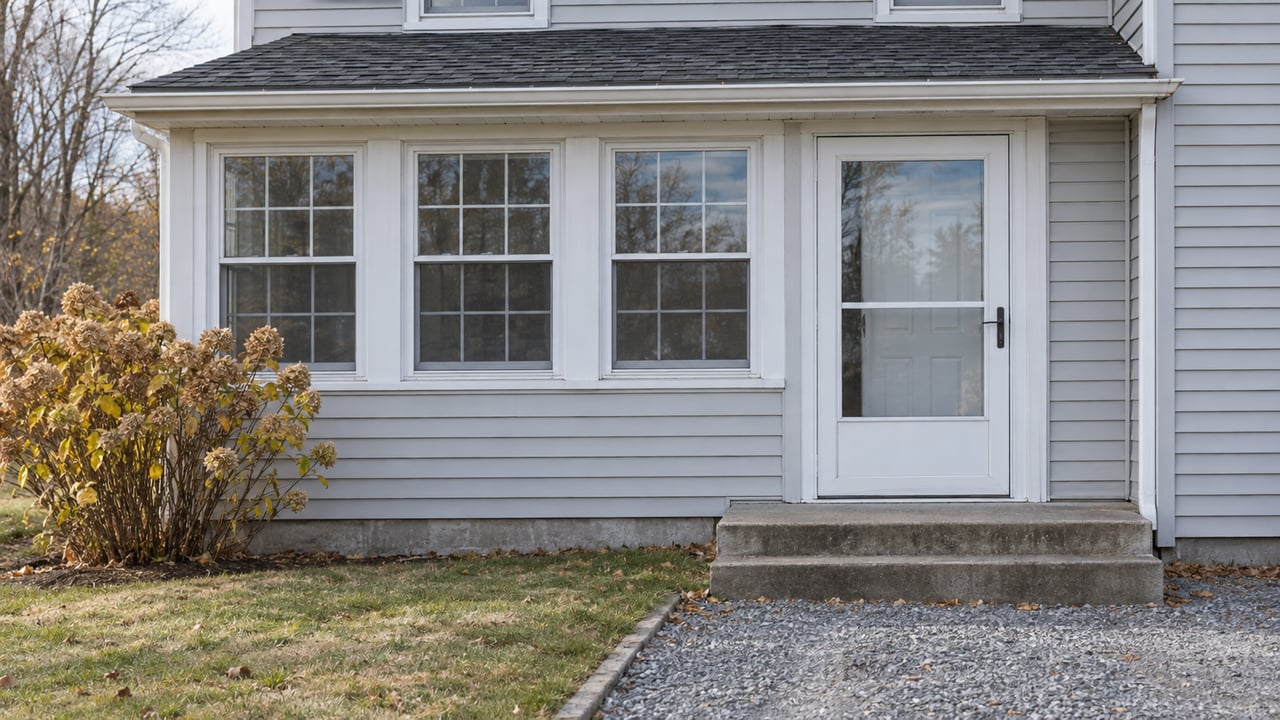 Pale gray sided home with an enclosed porch, white storm door, worn concrete steps and a gravel approach beside a dried hydrangea.