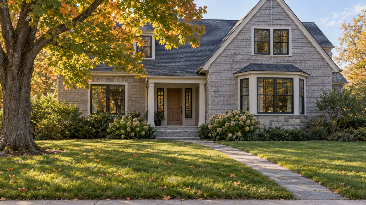 Pearl-gray shingle home with a recessed entry, granite steps, broad lawn, and mature maple tree.