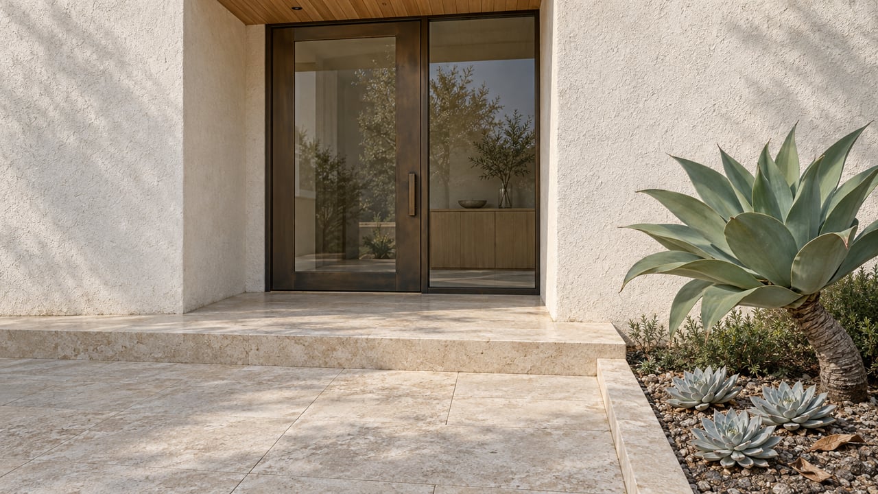 Modern home entrance with a dark glass door, stone steps, and a large agave plant.