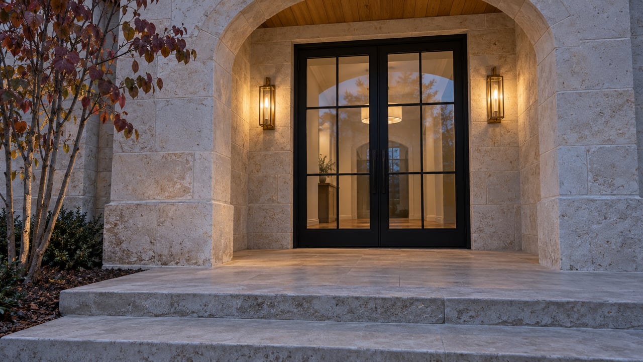 A limestone-arched home entry at dusk with closed black-framed double doors, warm brass sconces and broad stone steps.