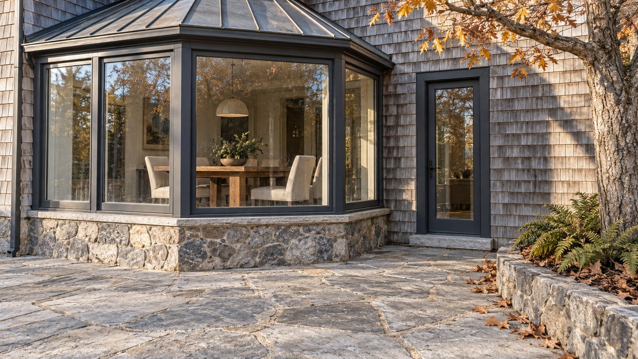 Autumn sunlight grazes a cedar-shingled home’s glazed dining bay and limestone terrace beside a mature sugar maple.