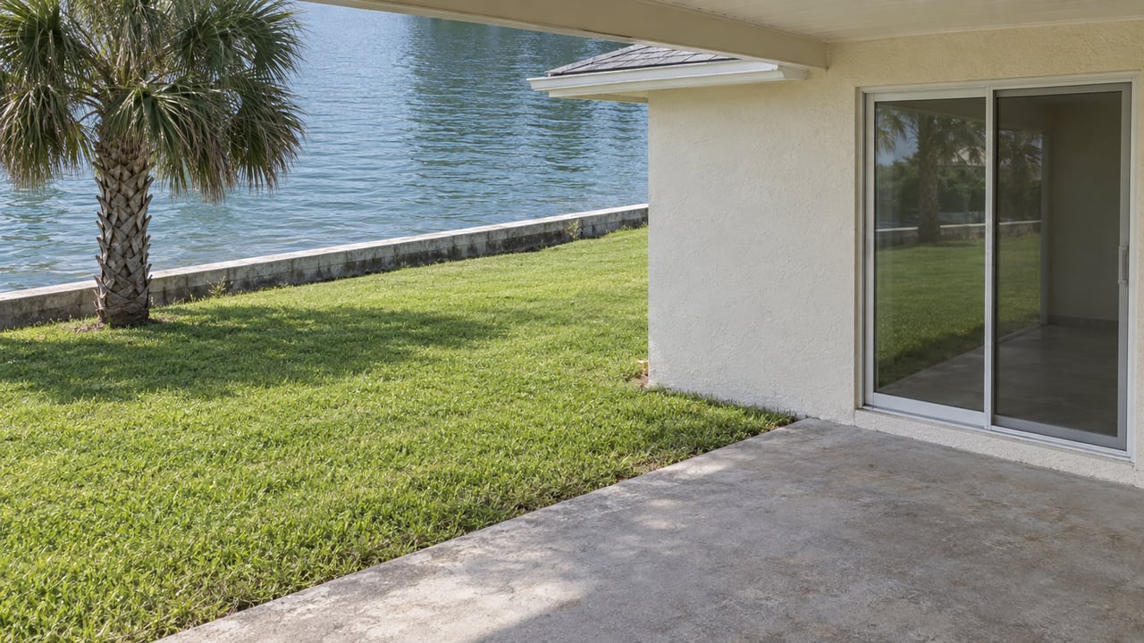 Covered porch overlooks a deep lawn, palmetto, and capped seawall beside still green-blue water.